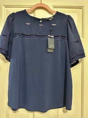 Adrianna Papell Navy Cutout Embroidered Short-Sleeve Blouse